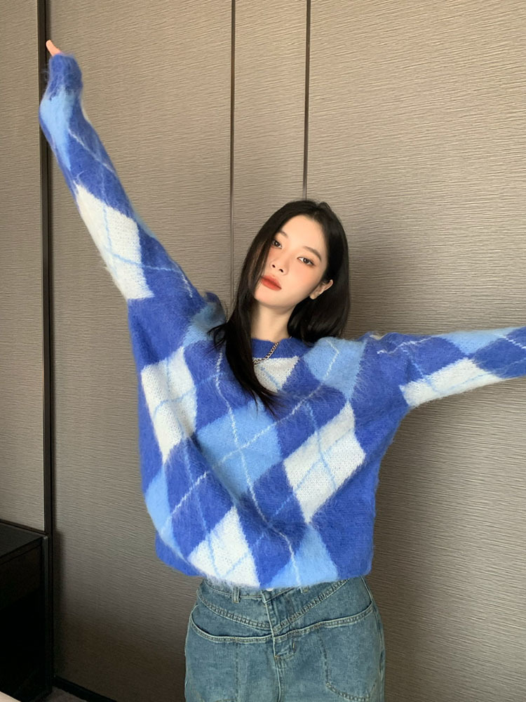 Retro Vintage Korean Fashion - Koreański Fashion Plaid sweter Oversize Retro