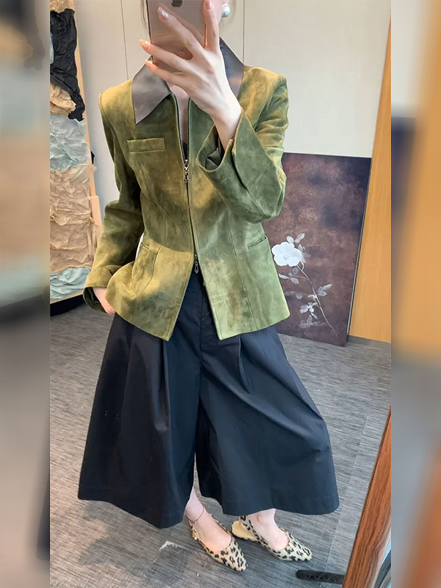 Retro Vintage Korean Fashion - Retro styl, zielona kurtka zamszowa, moda