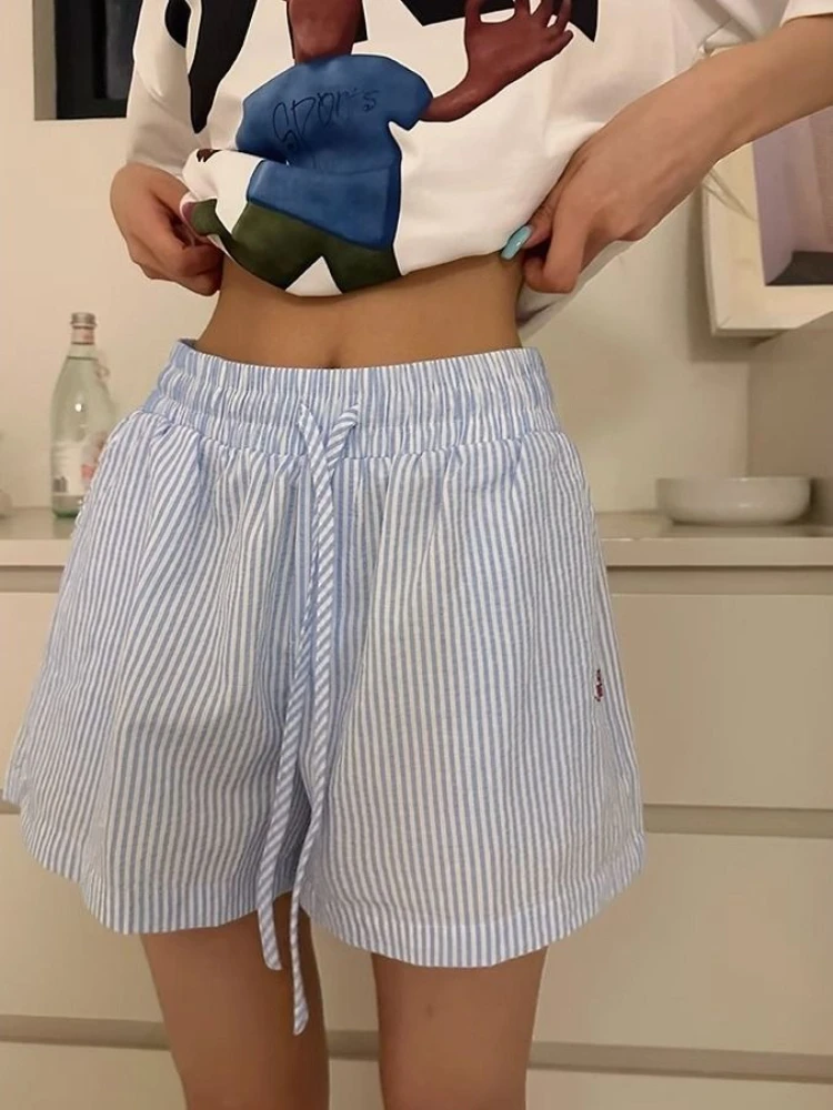 Retro Vintage Korean Fashion - Damskie szorty w paski Y2k, odzież