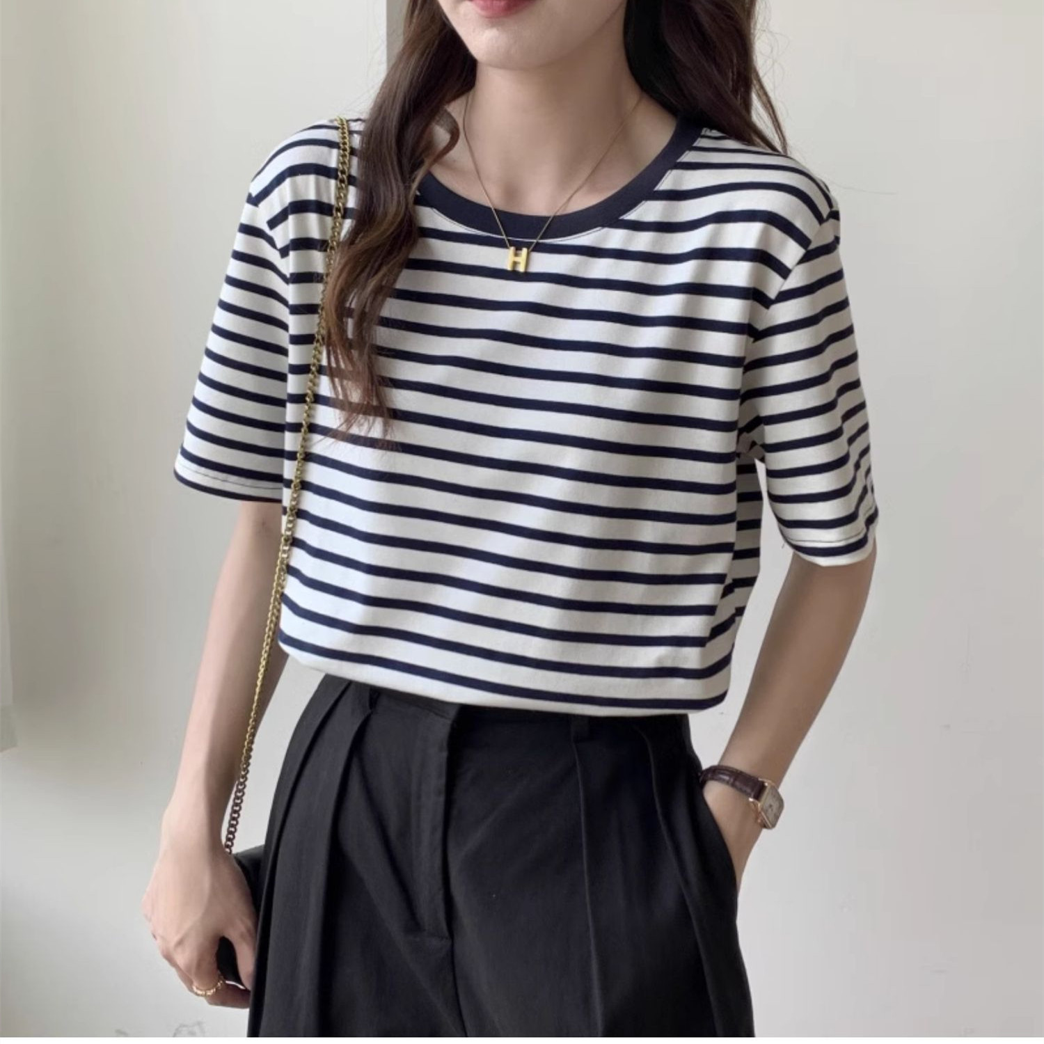 Retro Vintage Korean Fashion - Damska koszulka w paski vintage retro